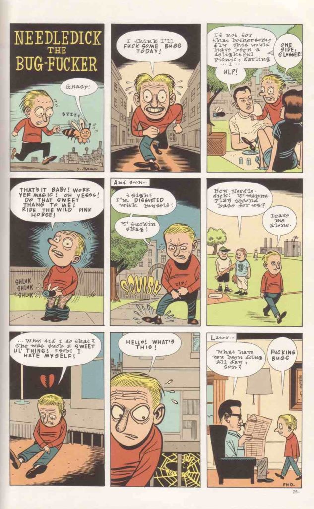 Panel from Daniel Clowes' underground 90s comic Needledick the Bug Fucker illustrating toxic masculinity.